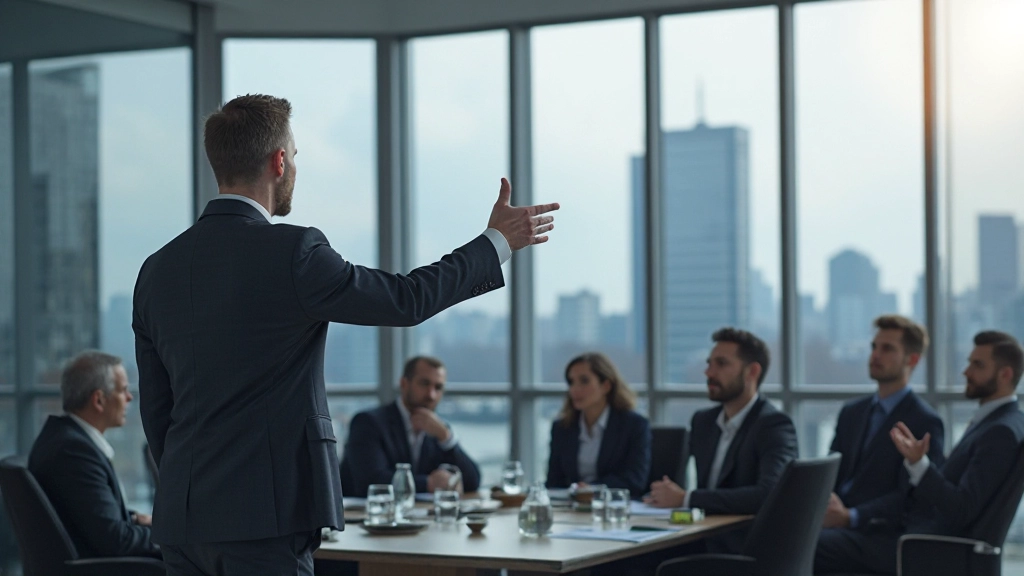 Professionell företagsledare presenterar tillväxtstrategi för ledningsgrupp i modernt mötesrum