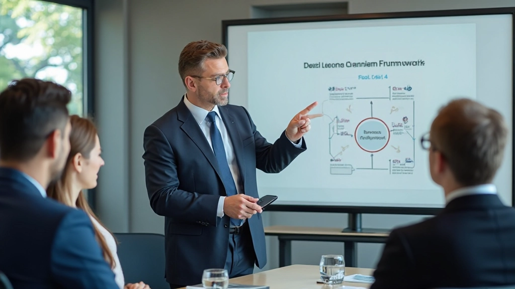 En fokuserad ledare presenterar en strategisk marknadspositioneringsplan med grafik och diagrammetiska element på en whiteboard