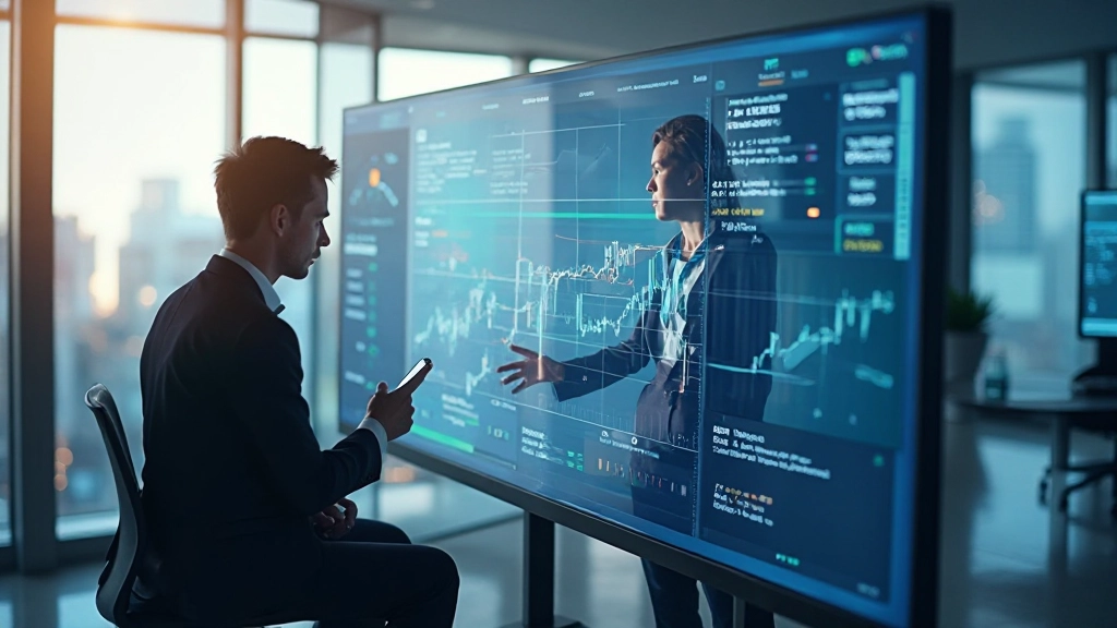 Två affärspersoner analyserar konkurrensdata på en stor skärm i ett modernt kontorsrum med grafer och statistik