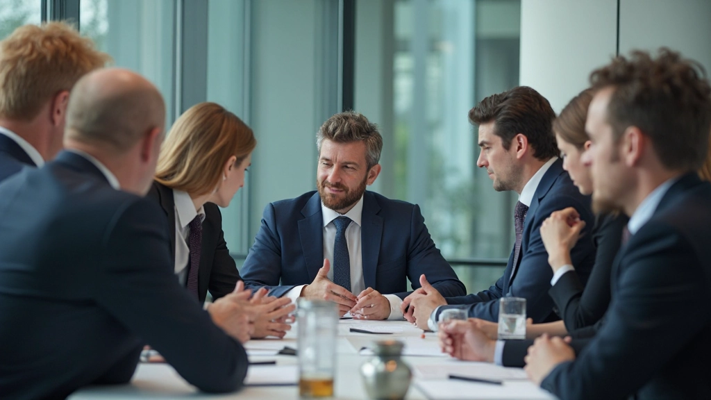 En grupp affärsfolk diskuterar svåra beslut runt ett mötesbord under högt tryck