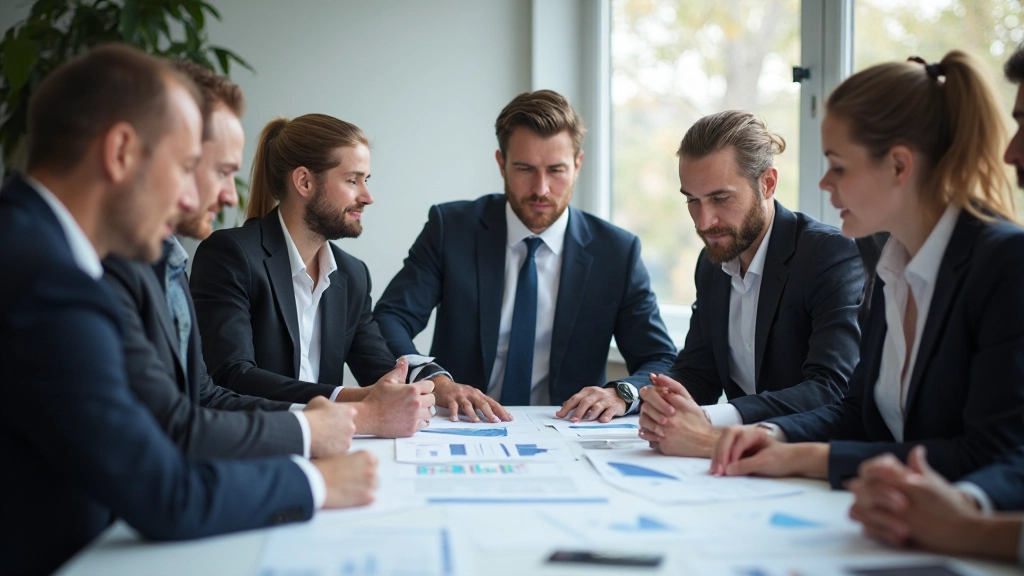 Strategiska planeringsmöte med teammedlemmar som diskuterar affärsmål