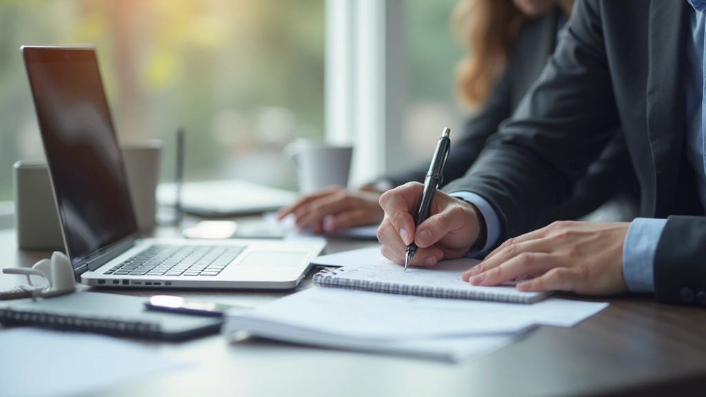Affärsproffs skriver ned strategiska planeringspunkter i en dagbok på ett modernt skrivbord