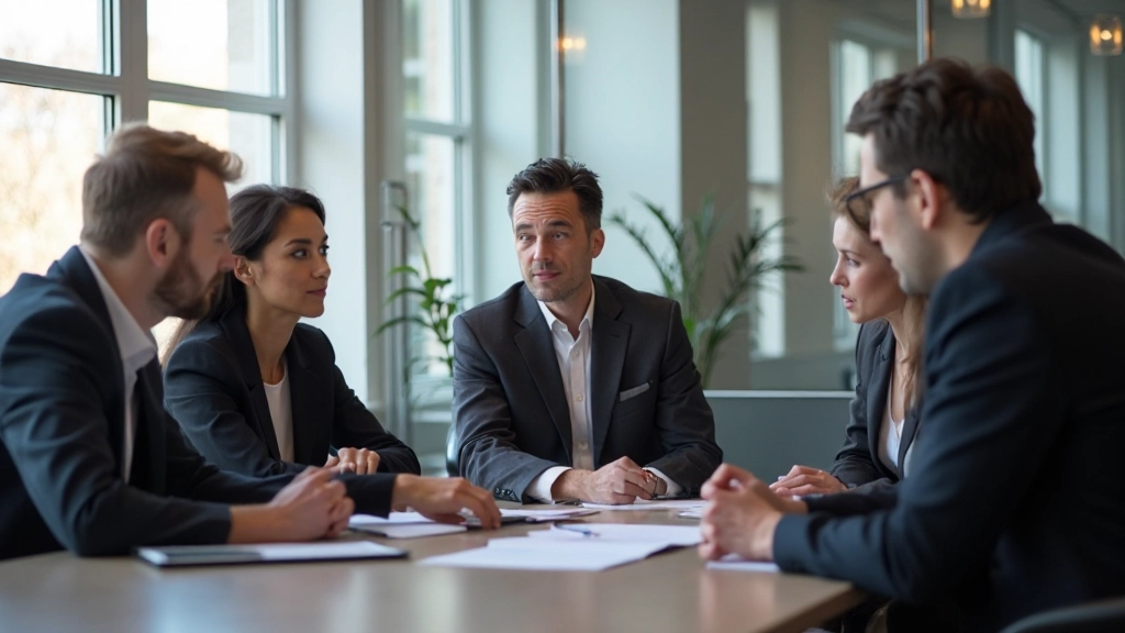 Professional business strategy meeting with team discussing plans and ideas