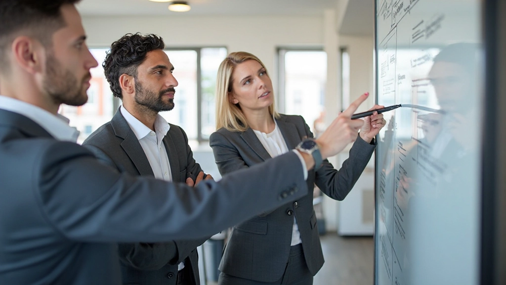Multikulturell ledningsgrupp diskuterar strategiska alternativ och risker runt whiteboard